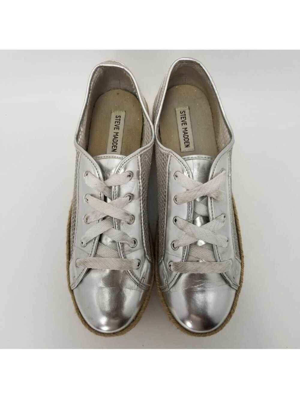 Steve Madden Mars Espadrilles Platform Silver Mesh Sneakers Lace Up Low Top 10B - Picture 5 of 11